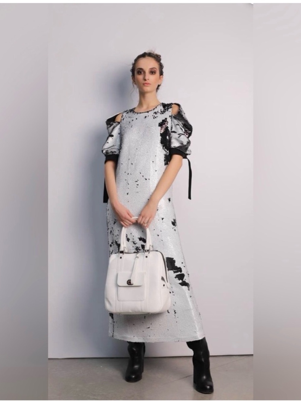 White & Black Paint-Splatter Midi Dress with Puff Shoulder Detail